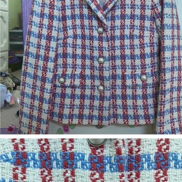 ZARA Red White & Blue Pearl Button Textured Tweed Jacket M Fits S - Picture 8 of 8
